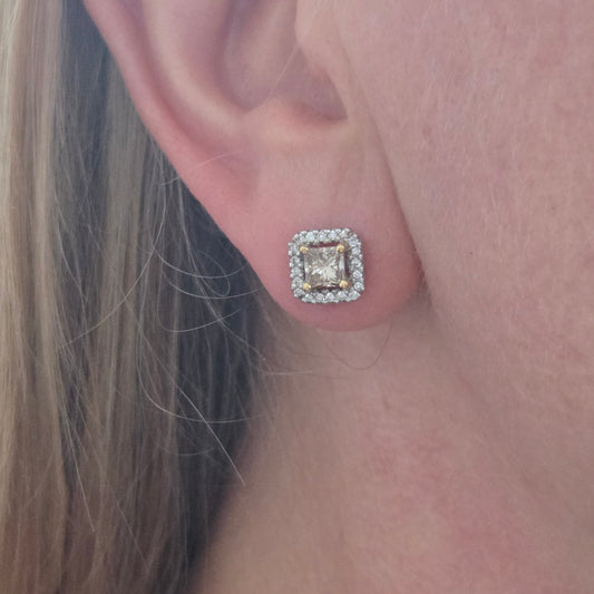 1.02ct Princess Cut Yellow Diamond and White Diamond Cluster Stud Earrings
