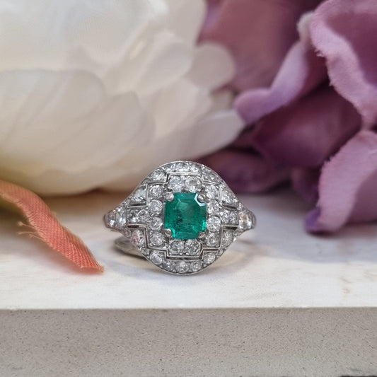 Art Deco Emerald and Diamond Cluster Dress Ring in Platinum