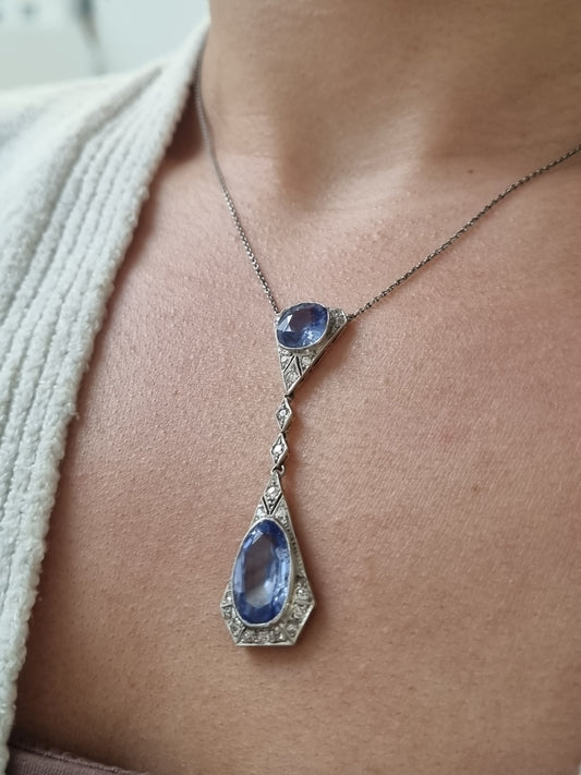 Art Deco Cornflower Ceylon Sapphire and Diamond Pendant Necklace