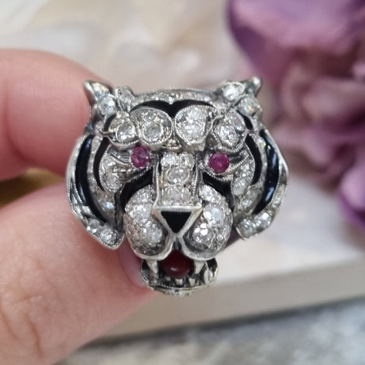 Antique Diamond and Black Enamel Tiger Brooch