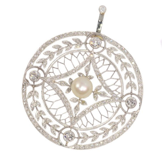 Art Deco Large circular open work Diamond and Pearl Pendant