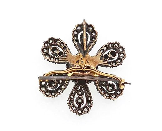 Vintage Old Cut Diamond Flower Brooch, Silver and Gold