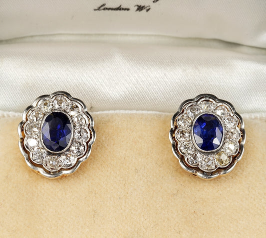 Antique Edwardian 2.6ct Natural No Heat Ceylon Sapphire and Diamond Oval Cluster Earrings