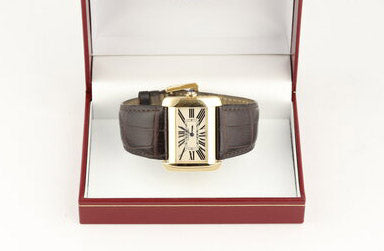 Cartier Tank Divan 18ct Yellow Gold Rectangular Quartz Watch, Large Model Ref. 2602, white dial, Roman numerals, blued steel hands, sapphire crystal, sapphire crown, Cartier brown leather strap with 18ct yellow gold pin buckle.