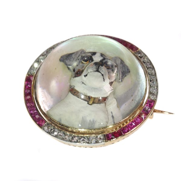 Antique Art Deco Gold Diamond Reverse Intaglio Jack Russel Terrier Brooch