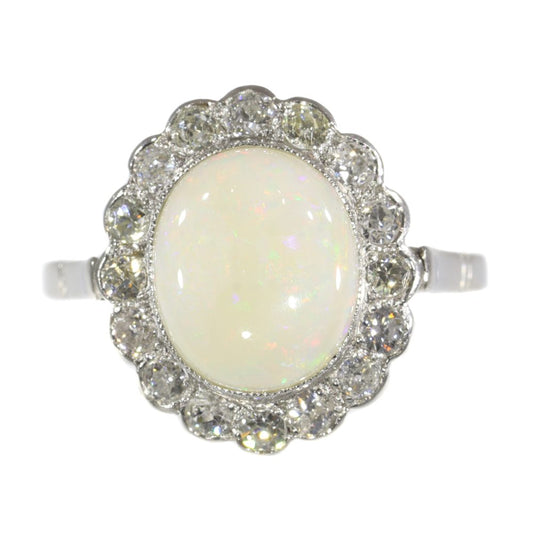 Vintage 2.50 Carat Opal And Old Cut Diamond Engagement Ring In Platinum