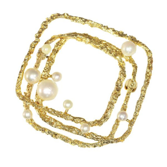 Vintage Sixties gold arty brooch with pearls