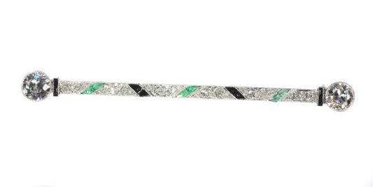 Art Deco Old Cut Diamond Bar Brooch with Onyx and Emeralds