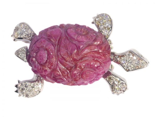 Vintage French 35ct Carved Ruby and Diamond Turtle Brooch, Circa 1950