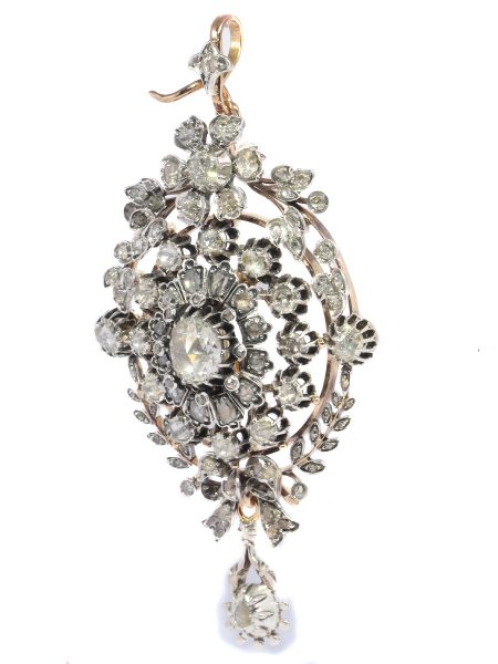 Antique Victorian Rose Cut Diamond Cluster Pendant Brooch Ring; set with 106 foil-backed rose-cut diamonds in silver-upon-gold, Circa 1860