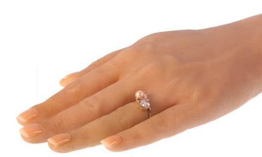Belle Epoque Rose Cut Diamond and Pearl Two Stone Crossover Ring