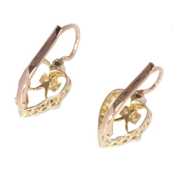 Belle Epoque Rose Cut Diamond Heart Drop Earrings, Circa 1900