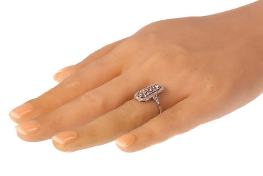 Art Deco Old Mine Cut Diamond Three Stone Plaque Dress Ring