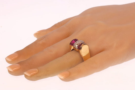 Vintage 1950s Retro Bow Ring with Rubies and Diamonds