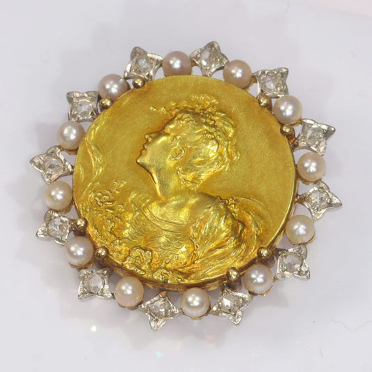 Belle Epoque French Gold Medal Brooch with Rose Cut Diamonds and Seed Pearls
