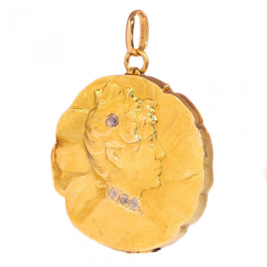 Antique Belle Epoque 18ct Yellow Gold Locket Pendant with Diamonds