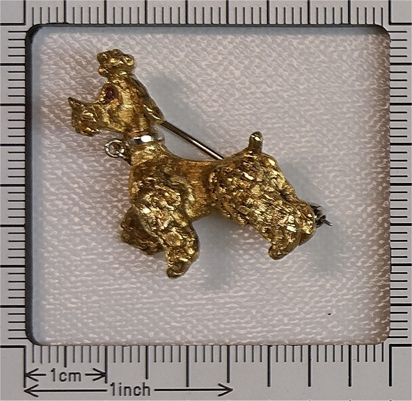 Vintage Italian 18ct Yellow Gold Poodle Dog Brooch with Ruby Eyes, Circa 1950s-1960s