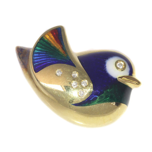 Vintage Multi Colour and Blue Enamel Bird Brooch with Diamonds