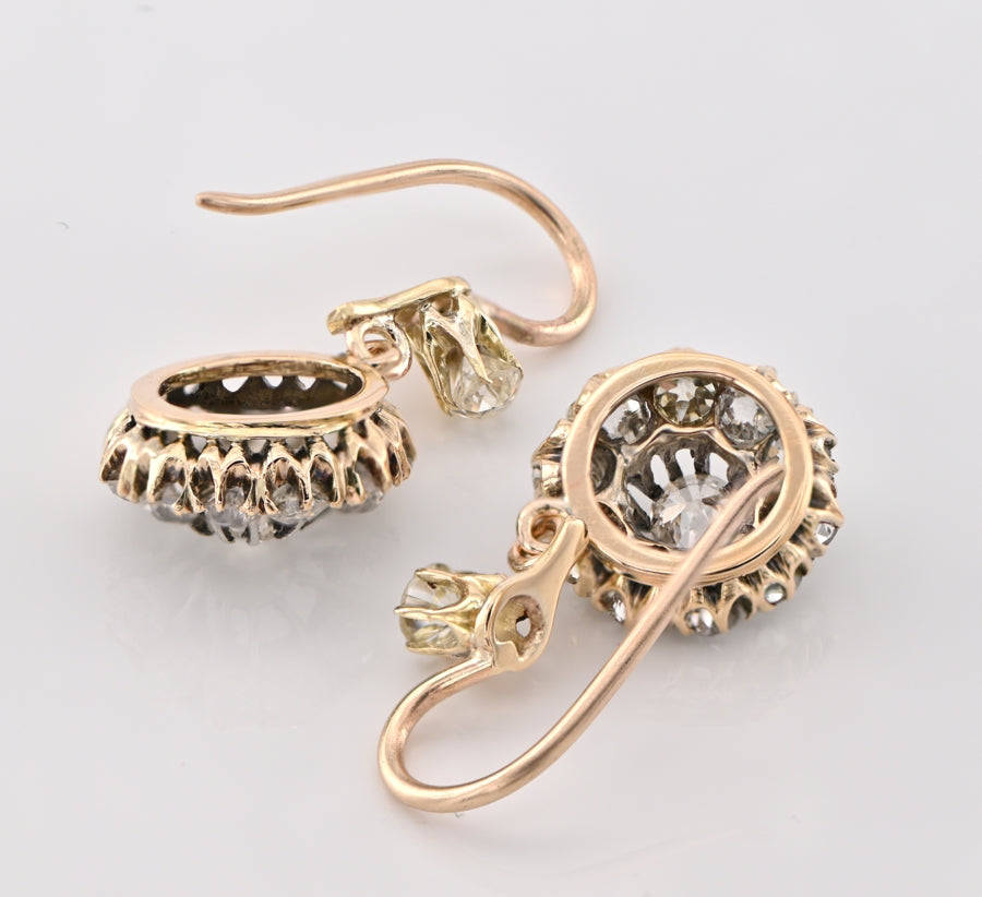 Victorian Gold 2.20 Ct Old Mine Diamond Daisy Drop Earrings, Circa 1890
