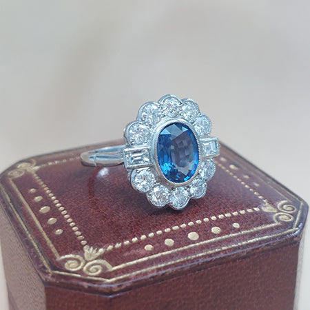 1.90ct Sapphire and Diamond Cluster Ring with Baguette Shoulders