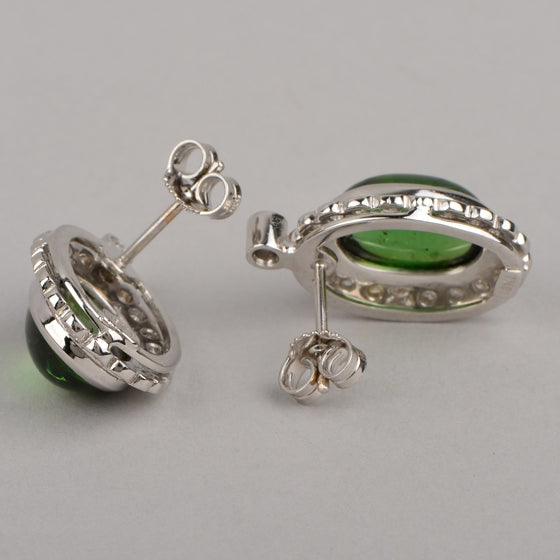 Vintage 13ct Oval Cabochon Green Tourmaline and Diamond Cluster Drop Earrings in 18ct White Gold