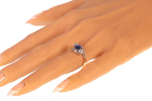 Antique Belle Epoque Sapphire and Diamond Three Stone Crossover Ring