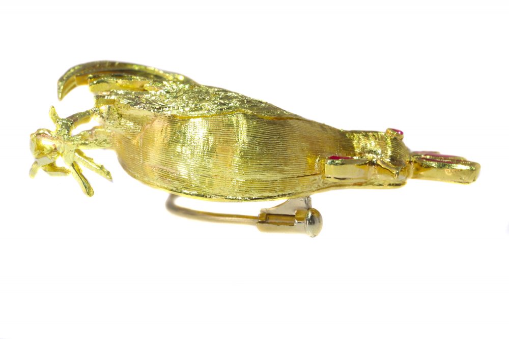 Vintage Italian Rooster Gold Brooch with Rubies