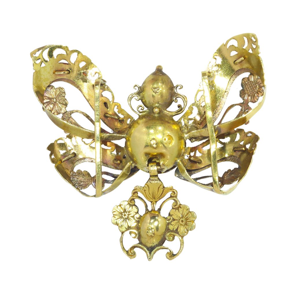 Antique Baroque Emerald and Gold Bow Pendant, 17th Century Circa 1650