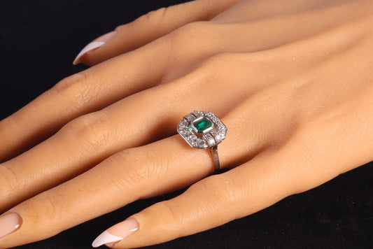 Art Deco French Brazilian Emerald and Old Cut Diamond Cluster Dress Ring in Platinum