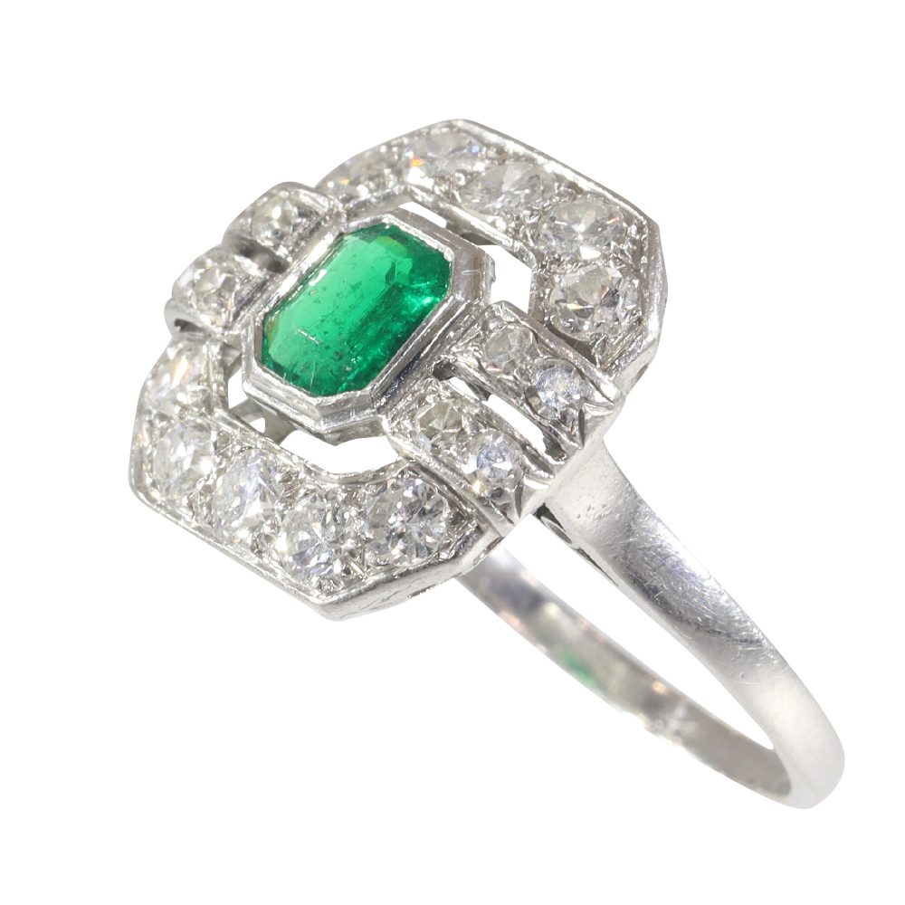 Art Deco French Brazilian Emerald and Old Cut Diamond Cluster Dress Ring in Platinum