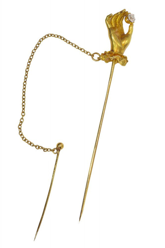 Antique Yellow Gold Tiepin Hand Holding Diamond