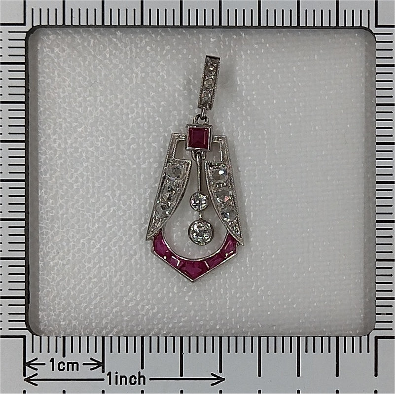 Art Deco Platinum Ruby and Old Cut Diamond Pendant