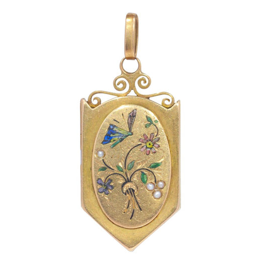 Antique Victorian Enamel Butterfly and Flowers Pendant Locket