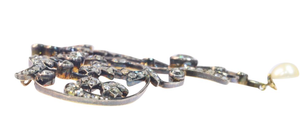 Antique Floral Natural Pearl and Diamond Pendant Brooch