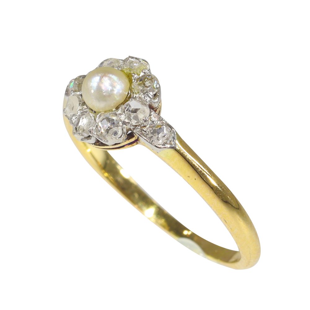 Antique Edwardian Pearl and Diamond Cluster Ring