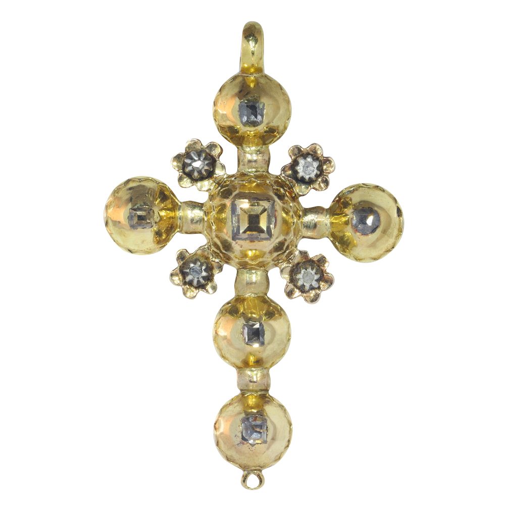 Baroque Diamond Cross Pendant In 18 Carat Yellow Gold