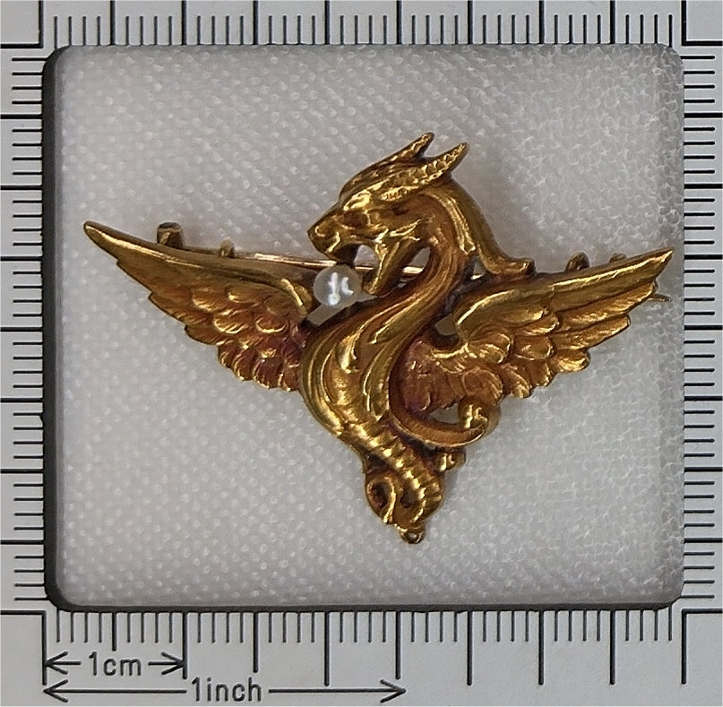 Antique French Gold Griffin Brooch with Pearl