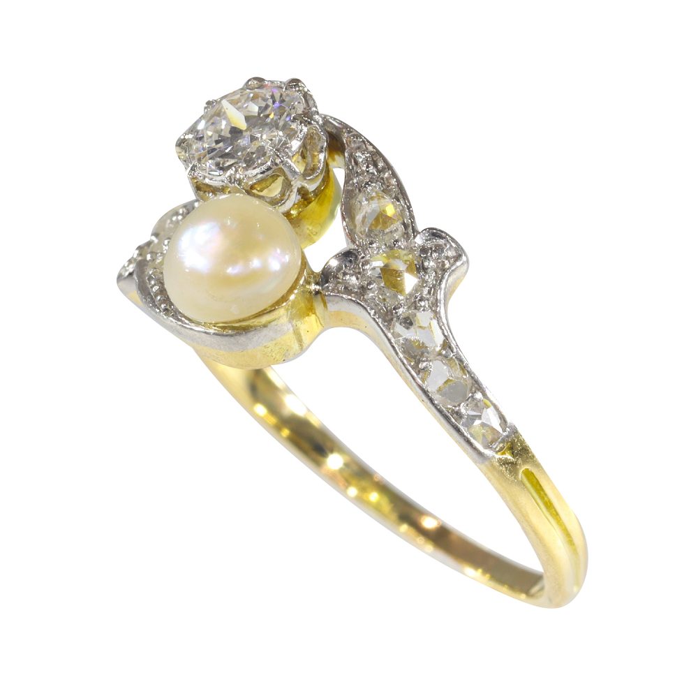 Antique Belle Epoque Diamond and Pearl Toi et Moi Ring