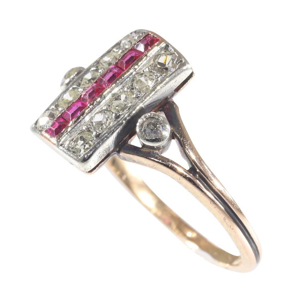 Art Deco Antique Ruby and Diamond Plaque Ring