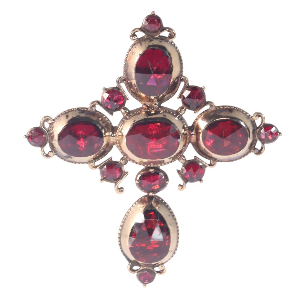 Georgian Garnet Cross Pendant In 18 Carat Yellow Gold