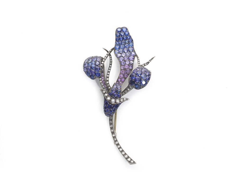 Shaded Sapphire Diamond Gold Flower Brooch