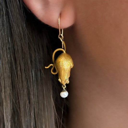 Victorian Thornhill & Co Mouse With Pearl Drop Earrings