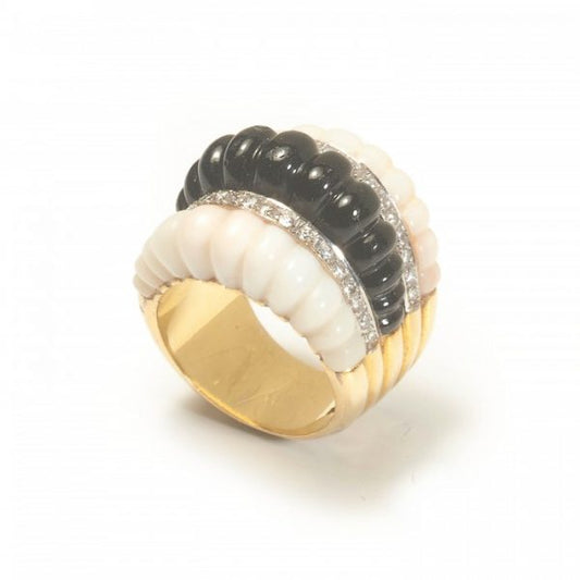 Vintage Coral, Black Onyx and Diamond Ring, Circa 1980