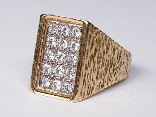 Vintage 1960s Retro Diamond and Textured Gold Dress Ring; fifteen brilliant-cut diamonds arranged into three rows, 0.70 carats, chunky textured 18ct yellow gold shank