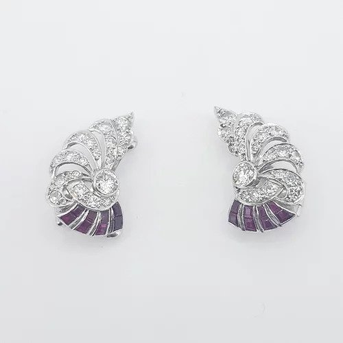 Art Deco Old Cut Diamond and Ruby Spray Earrings, in 18ct white gold