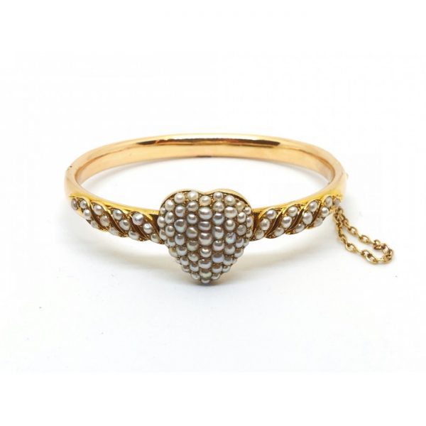 Antique Victorian Gold and Pearl Heart Bangle Bracelet, Circa 1880