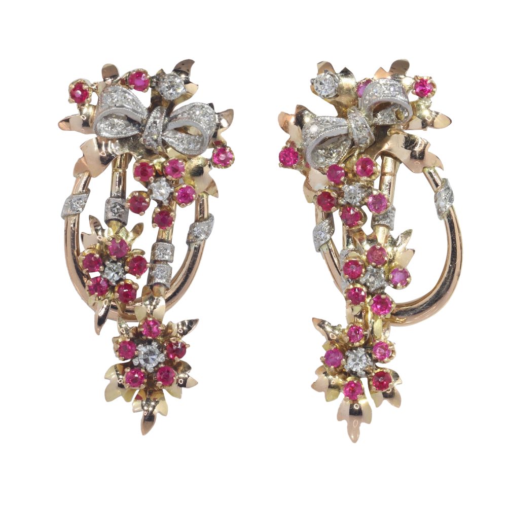 Vintage diamond and ruby earrings in gold.