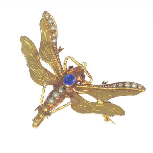 Antique Victorian Gem Set 18ct Yellow Gold Dragonfly Butterfly Brooch with seed pearls
