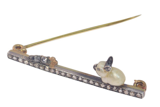 Late Victorian Antique Diamond Bar Brooch Depicting Baroque Pearl Rabbit with Diamond Carrot