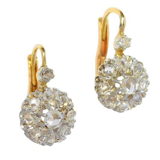 Antique French Rose Cut Diamond Cluster Drop Earrings